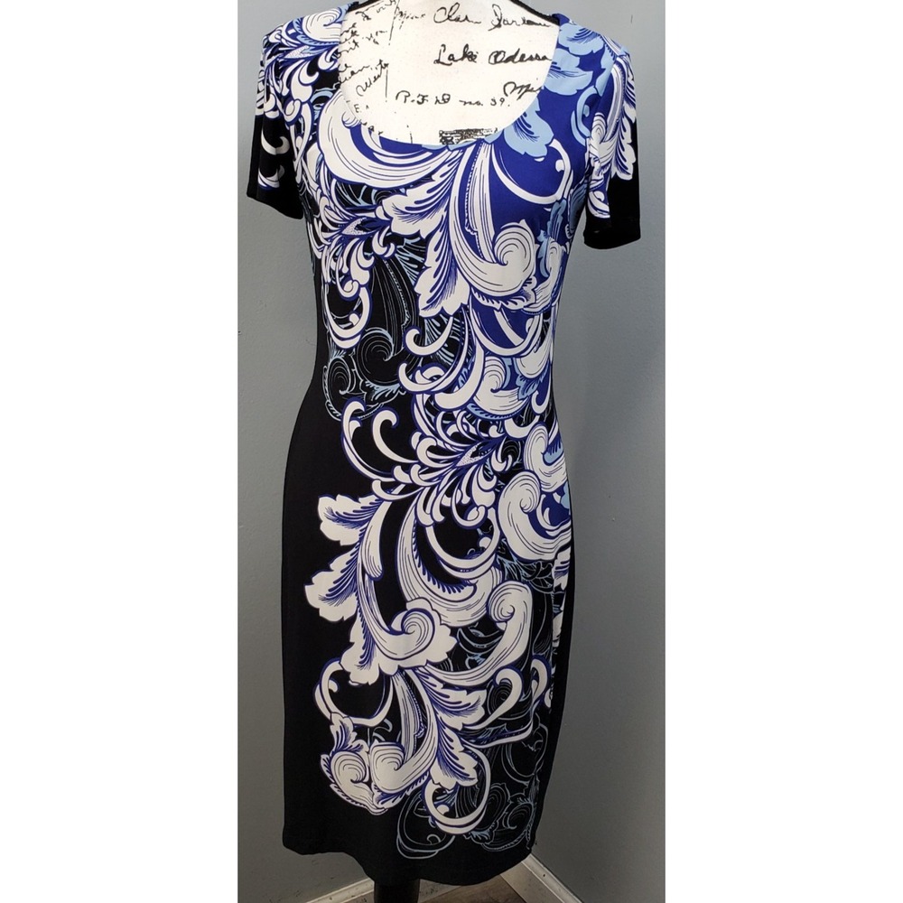 Boston Proper Feather Scroll Sheath Dress Womens 8 Multi Floral Lined Scoop Neck